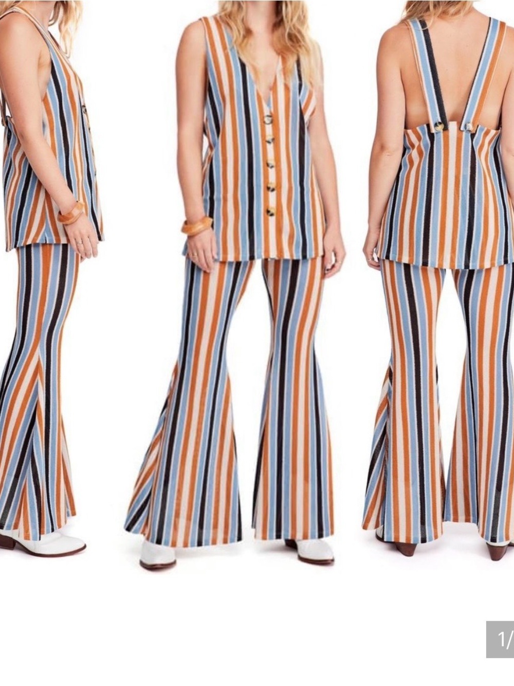 Free People Striped Flare Pants in Blue, Orange & White